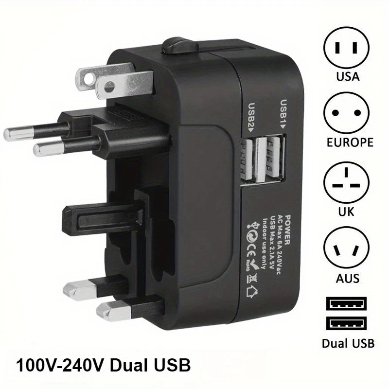 Universal travel plug charger adapter with 2 USB ports/Type-C ports, power outlet converter adapter covering over 150 countries.