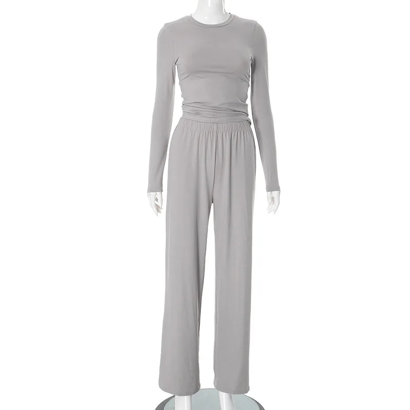 Apprabant Solid Pleated Casual Basic Trousers Set Round Neck Long Sleeve Top Fashion Sports Style High Waist Wide Leg Pants Suit