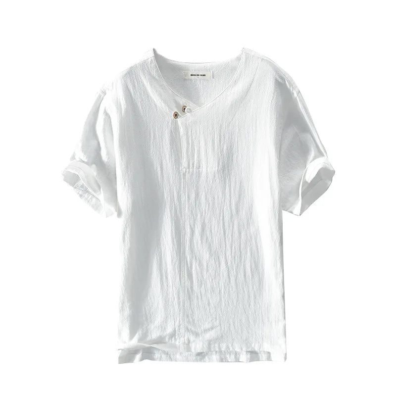 2025 Summer New 100% Cotton and linen Fabric T-shirt Men High Quality Solid Color Drop Sleeve Loose Tshirts Oversize Tops V-neck
