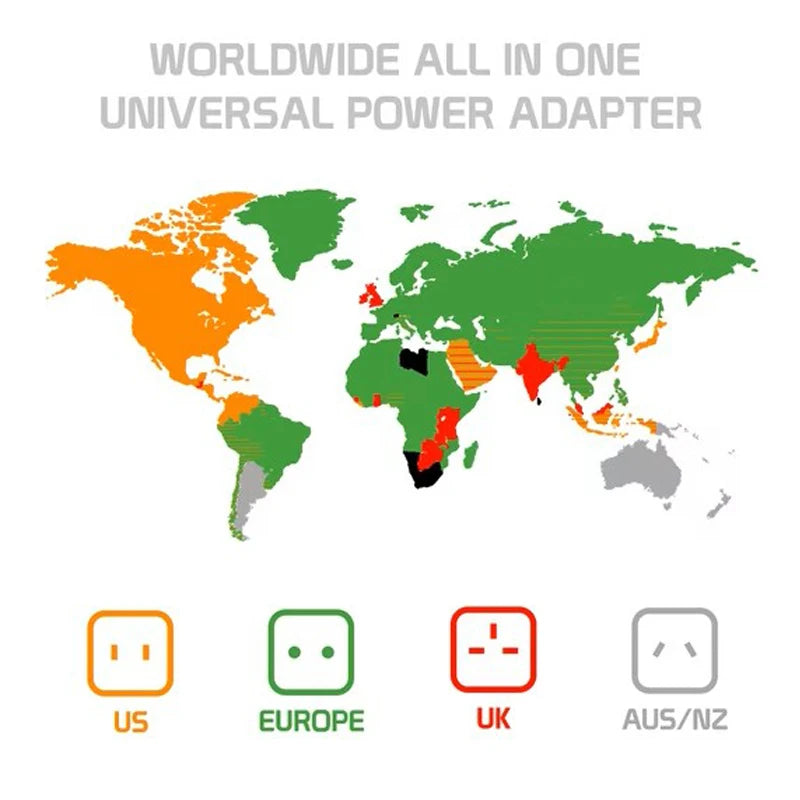 Universal travel plug charger adapter with 2 USB ports/Type-C ports, power outlet converter adapter covering over 150 countries.