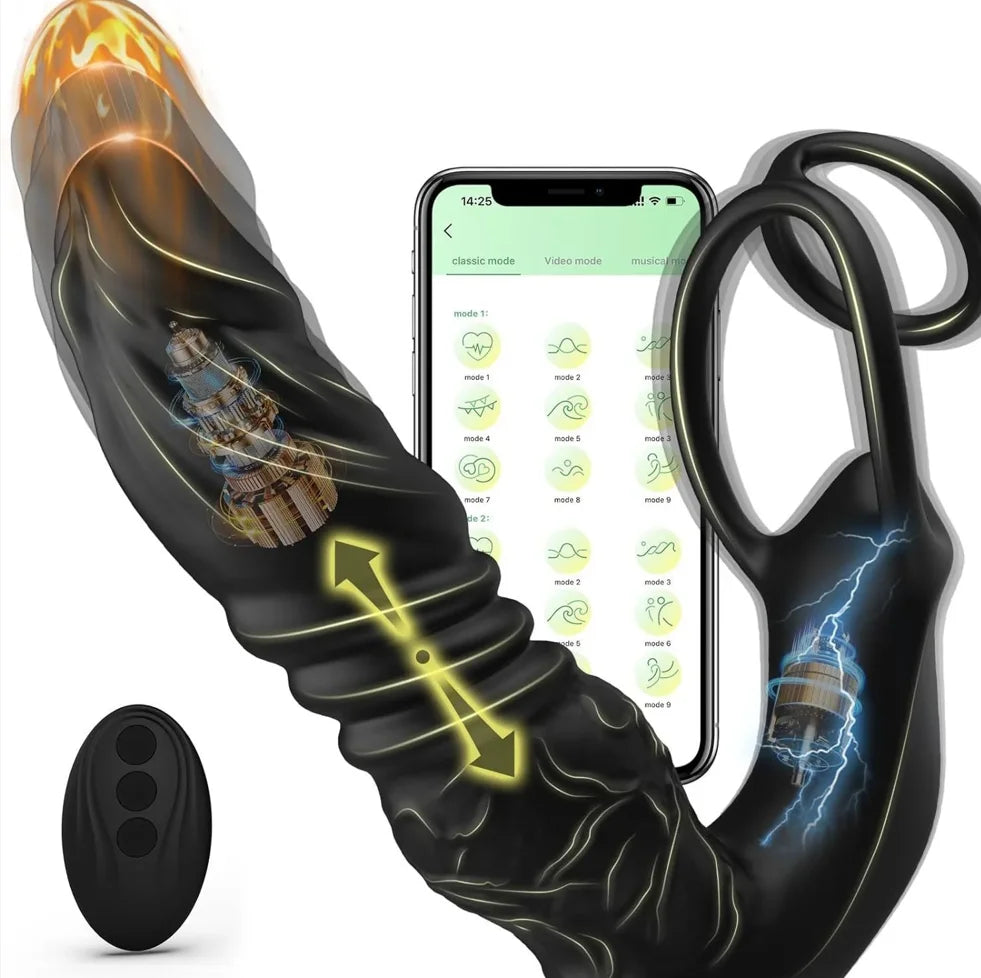 Male Sex Toy for Man Gay Couple Pleasure，5-in-1 Prostate Massager Thrusting Anal Vibrator ，Dual Silicone Cock Ring with APP&Re