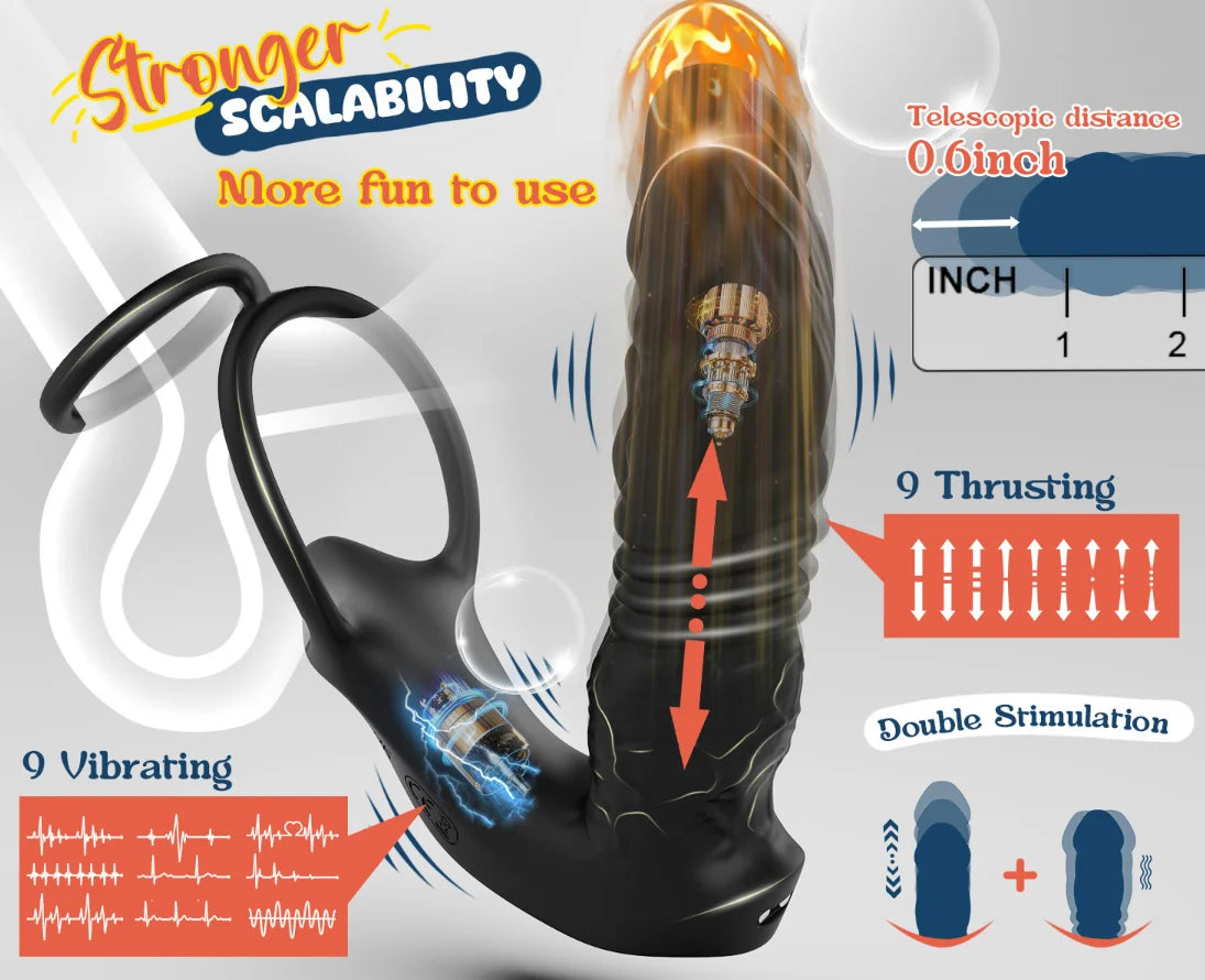 Male Sex Toy for Man Gay Couple Pleasure，5-in-1 Prostate Massager Thrusting Anal Vibrator ，Dual Silicone Cock Ring with APP&Re
