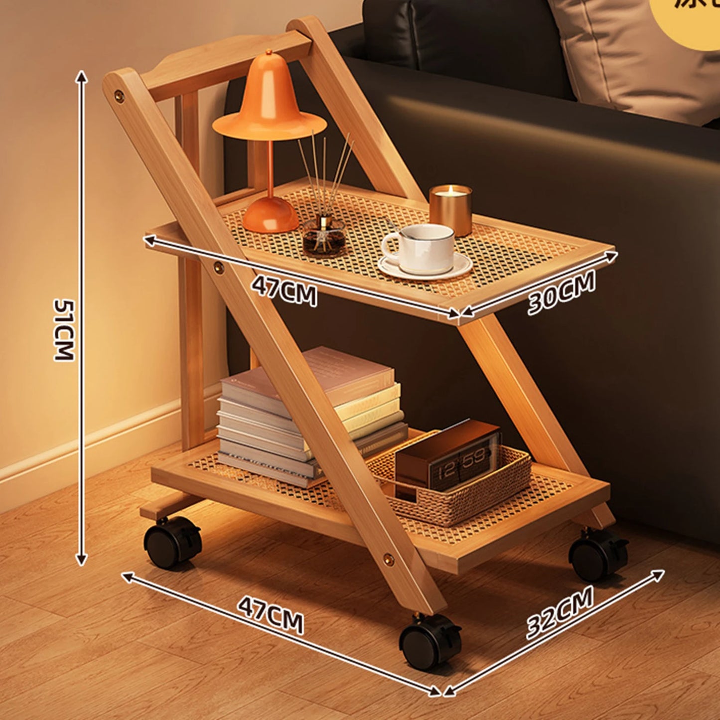 Foldable Bedside Table Storage Rack with Wheel 2-Layer Coffee Table Storage Sofa Bookcase Floor-Standing Bedroom Snack Push Cart