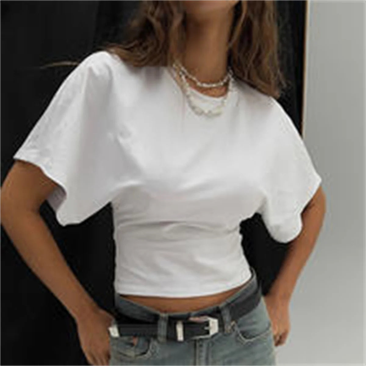 Women's Summer Loose Half Sleeve T-Shirt Tops O-Neck Waist Slimming Sweet Hottie Design Sense Positive Shoulder Chic Tees Top