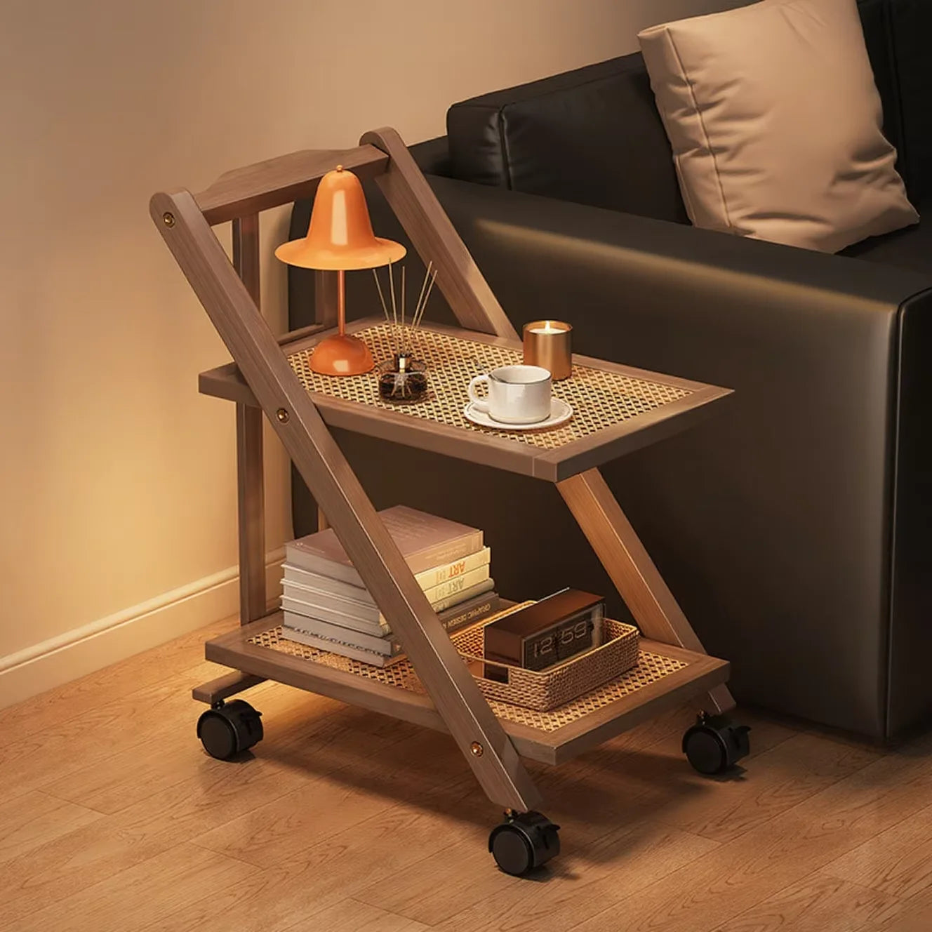 Foldable Bedside Table Storage Rack with Wheel 2-Layer Coffee Table Storage Sofa Bookcase Floor-Standing Bedroom Snack Push Cart