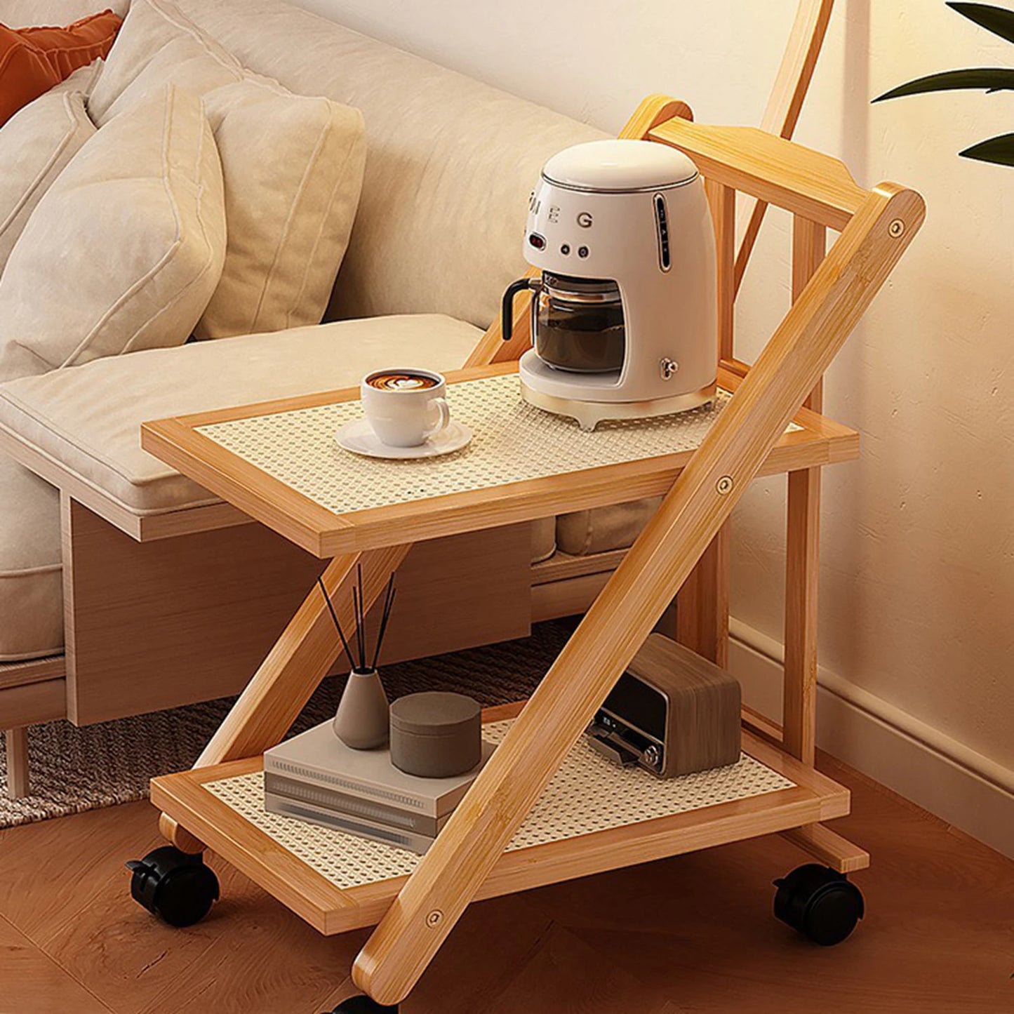 Foldable Bedside Table Storage Rack with Wheel 2-Layer Coffee Table Storage Sofa Bookcase Floor-Standing Bedroom Snack Push Cart