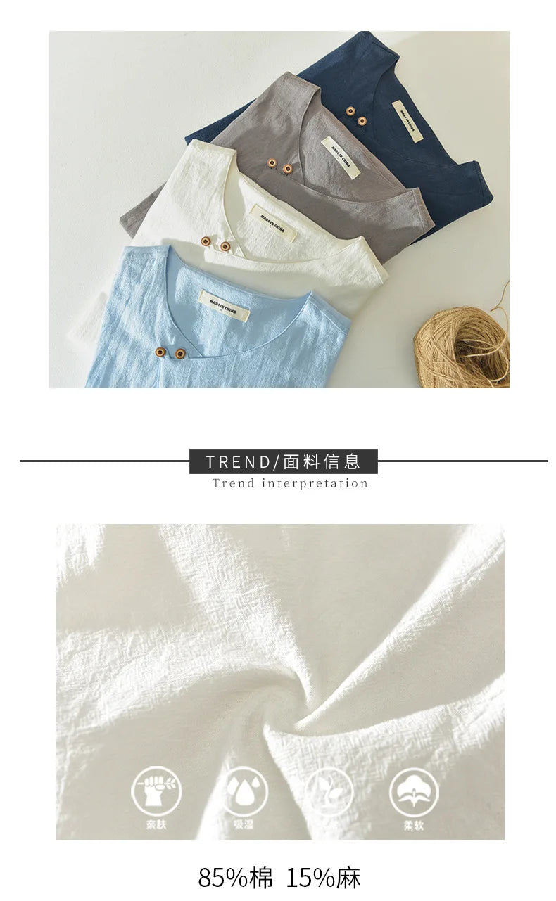 2025 Summer New 100% Cotton and linen Fabric T-shirt Men High Quality Solid Color Drop Sleeve Loose Tshirts Oversize Tops V-neck
