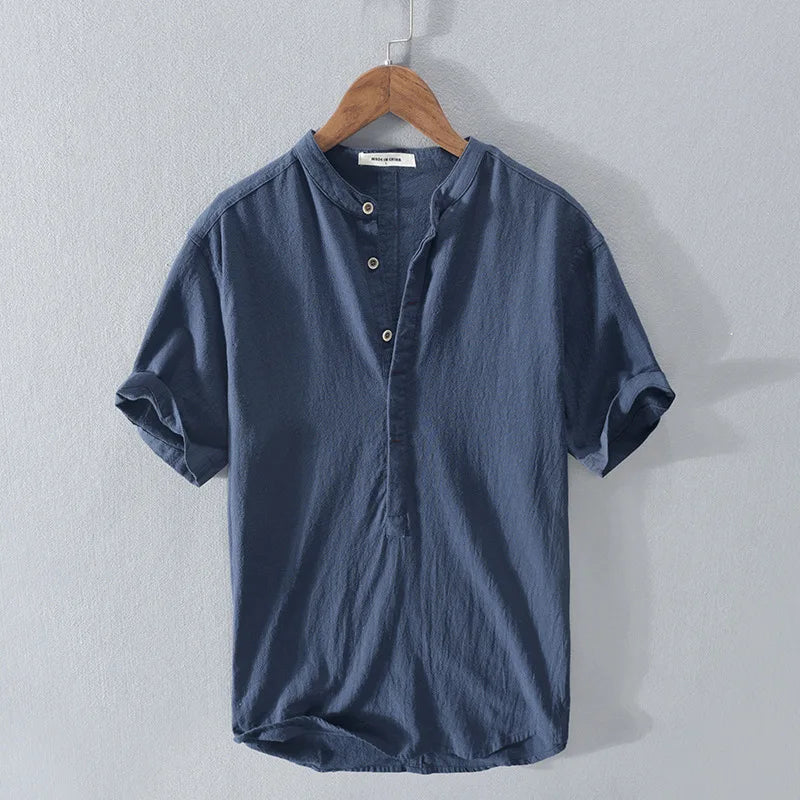 2025 Summer New 100% Cotton and linen Fabric T-shirt Men High Quality Solid Color Drop Sleeve Loose Tshirts Oversize Tops V-neck