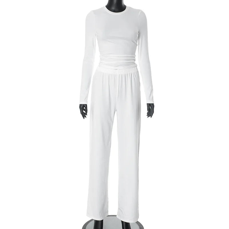 Apprabant Solid Pleated Casual Basic Trousers Set Round Neck Long Sleeve Top Fashion Sports Style High Waist Wide Leg Pants Suit