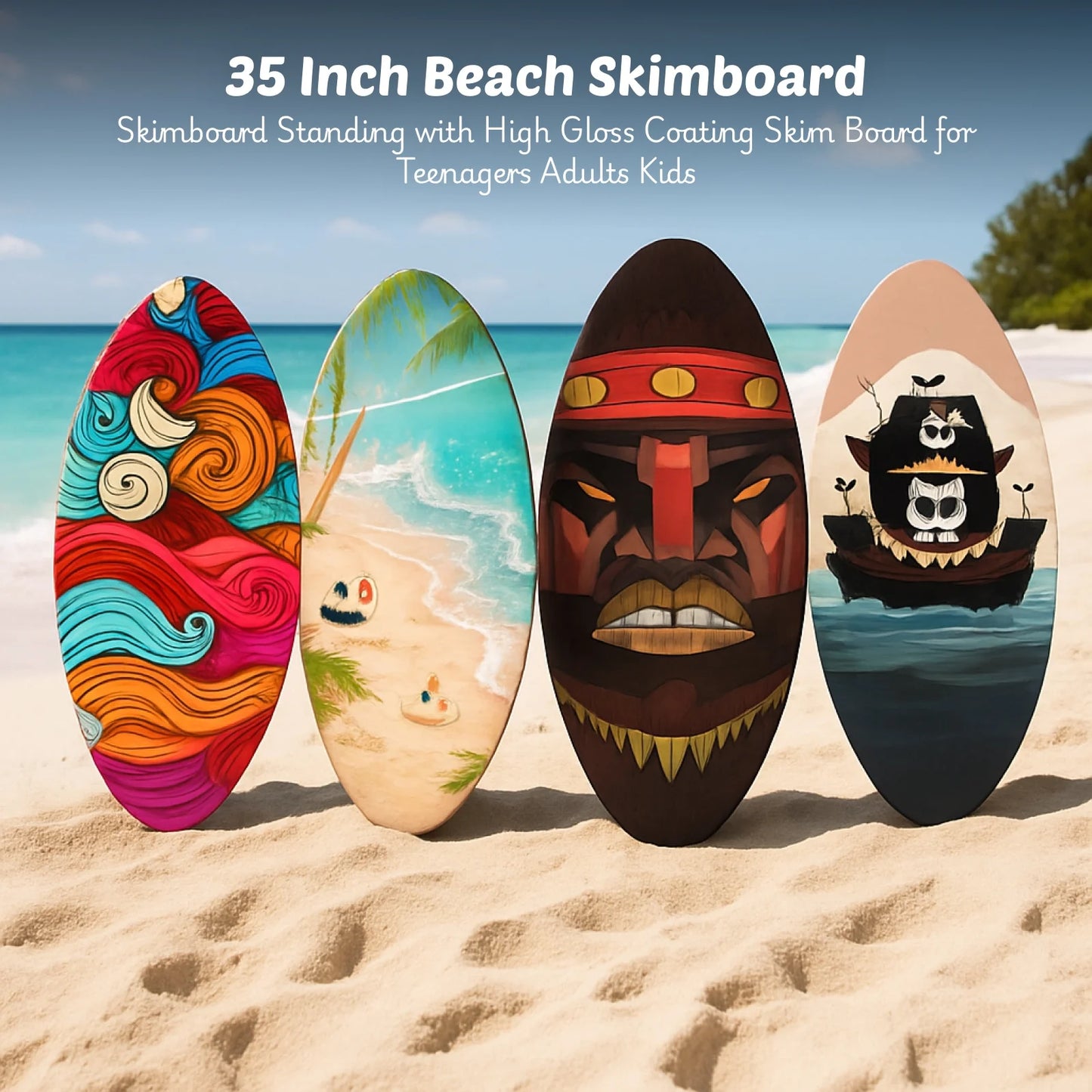 35inch Beach Skimboard Surfboard Beach Sand Board Wood Body Board with High Gloss Coating for Outdoor Water Sports Surfing