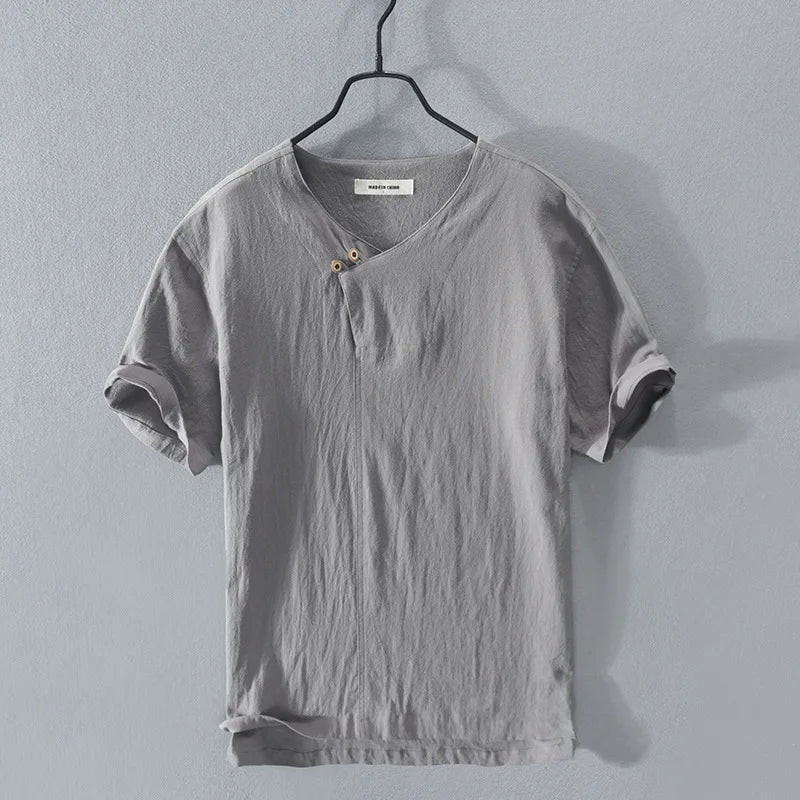 2025 Summer New 100% Cotton and linen Fabric T-shirt Men High Quality Solid Color Drop Sleeve Loose Tshirts Oversize Tops V-neck