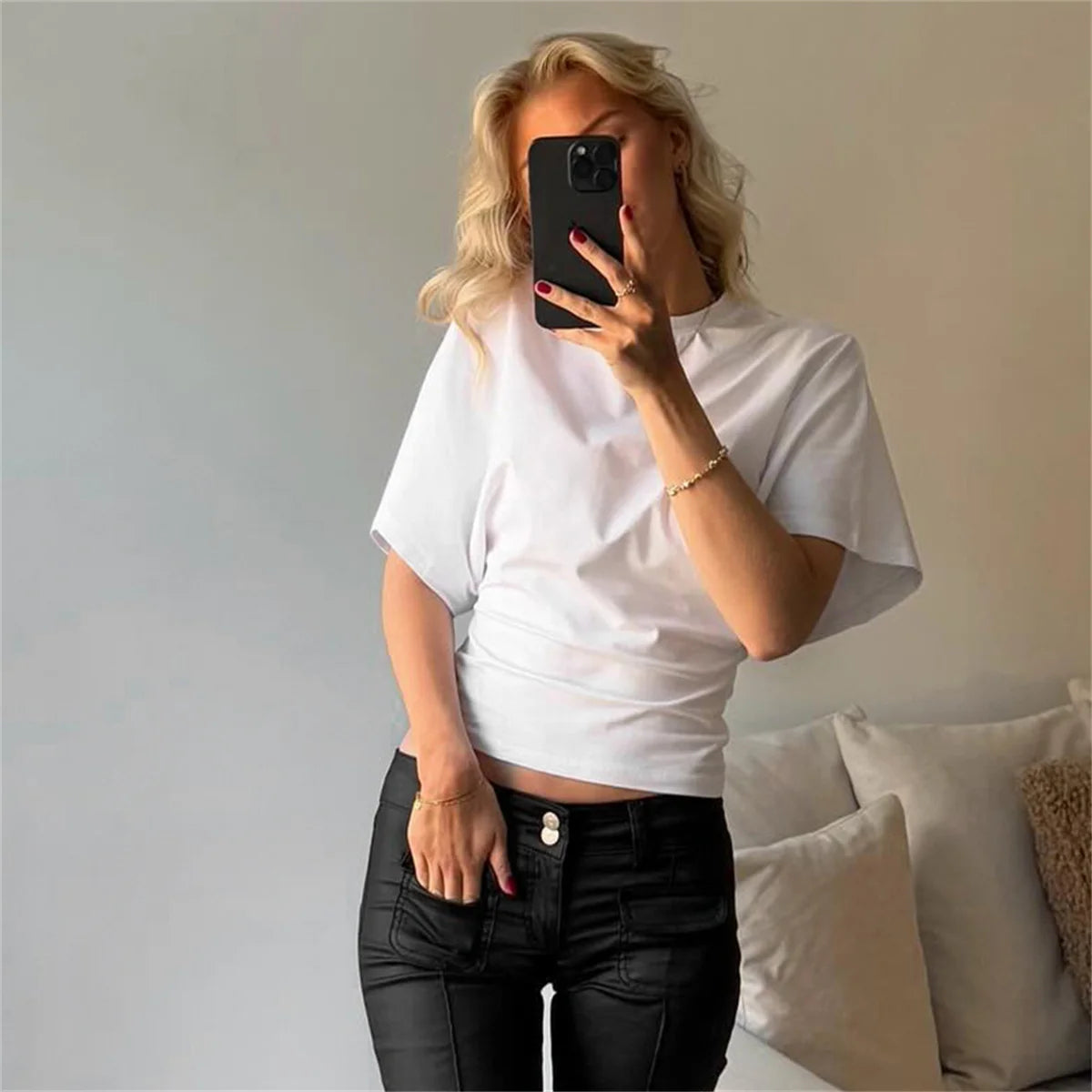 Women's Summer Loose Half Sleeve T-Shirt Tops O-Neck Waist Slimming Sweet Hottie Design Sense Positive Shoulder Chic Tees Top