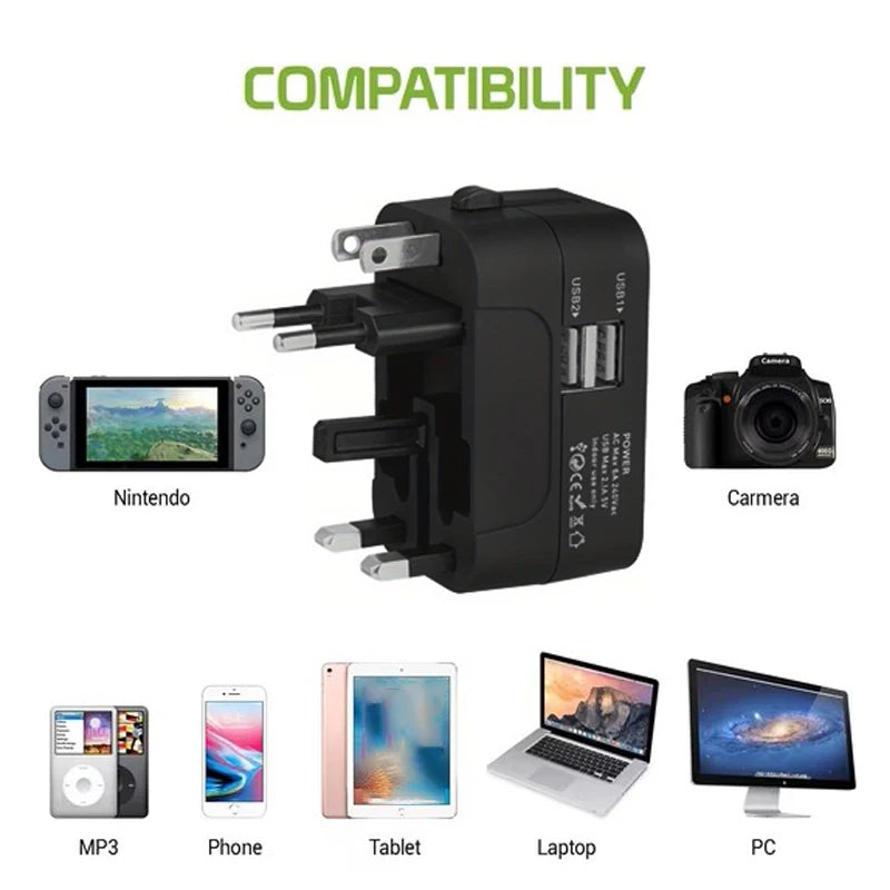 Universal travel plug charger adapter with 2 USB ports/Type-C ports, power outlet converter adapter covering over 150 countries.