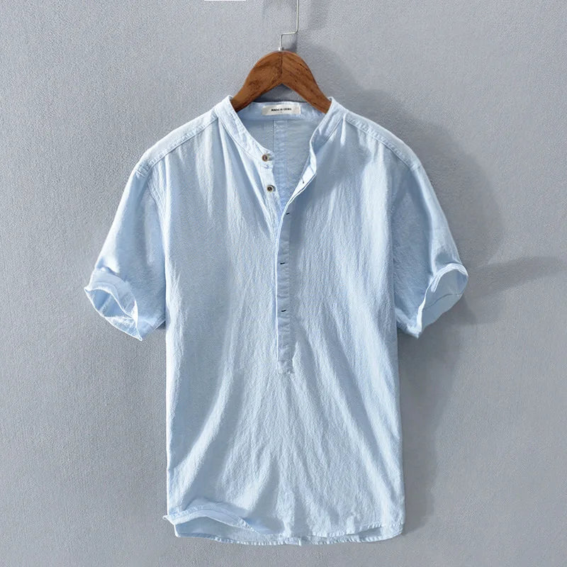 2025 Summer New 100% Cotton and linen Fabric T-shirt Men High Quality Solid Color Drop Sleeve Loose Tshirts Oversize Tops V-neck