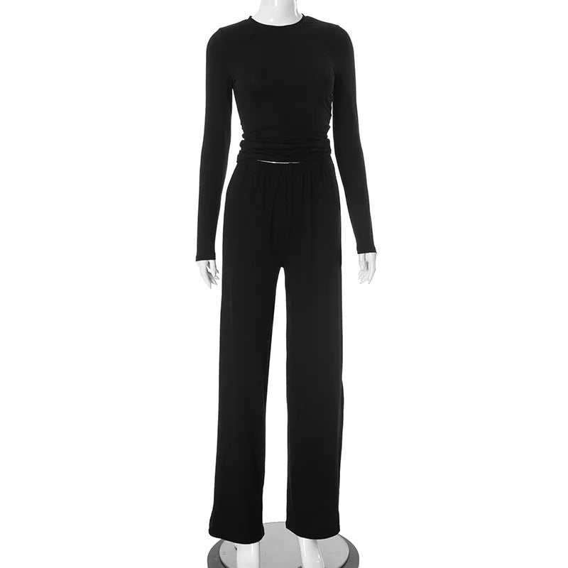 Apprabant Solid Pleated Casual Basic Trousers Set Round Neck Long Sleeve Top Fashion Sports Style High Waist Wide Leg Pants Suit