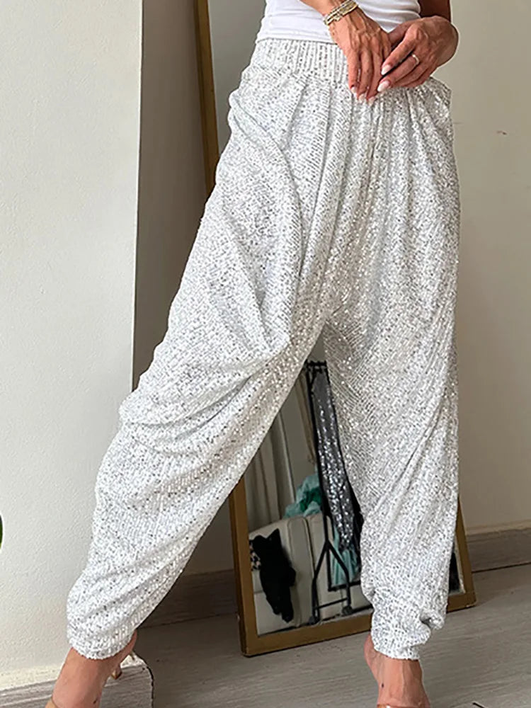 Full Sequined Patchwork Women Solid Pants 2024 Spring Summer Female Casual Pants Loose Fit All Match Lady Elastic Waist Bloomers