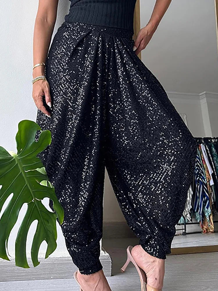 Full Sequined Patchwork Women Solid Pants 2024 Spring Summer Female Casual Pants Loose Fit All Match Lady Elastic Waist Bloomers