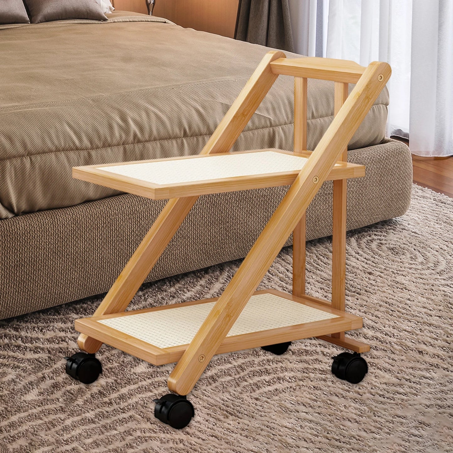 Foldable Bedside Table Storage Rack with Wheel 2-Layer Coffee Table Storage Sofa Bookcase Floor-Standing Bedroom Snack Push Cart
