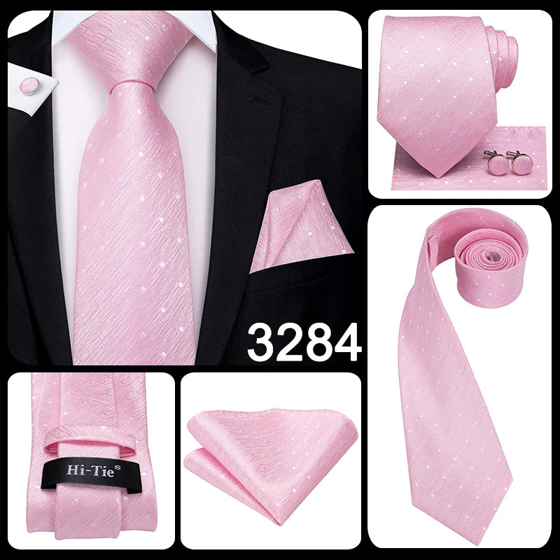Hi-Tie Silk Men Tie Peach Pink Floral Wedding Necktie for Men Luxury Necktie Handkerchief Cufflink Fashion Design Business