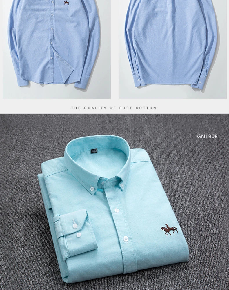 S-6XL Casual Pure Cotton Oxford Mens Shirts Long Sleeve Embroidery Horse Design Regular Fit Fashion Button Man White Dress Shirt