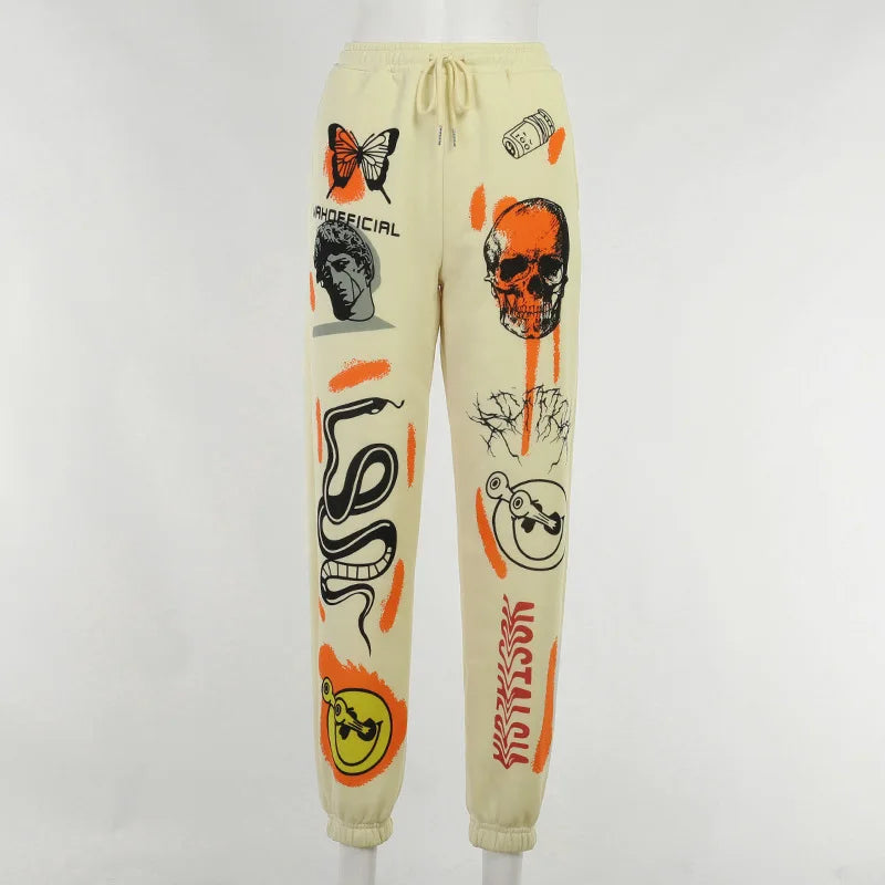 Sweatpants Women Hippie Cartoon Printed Trouser Joggers for Women Drawstring Cargo Pants Streetwear Casual Sweatpant Vamos Todos