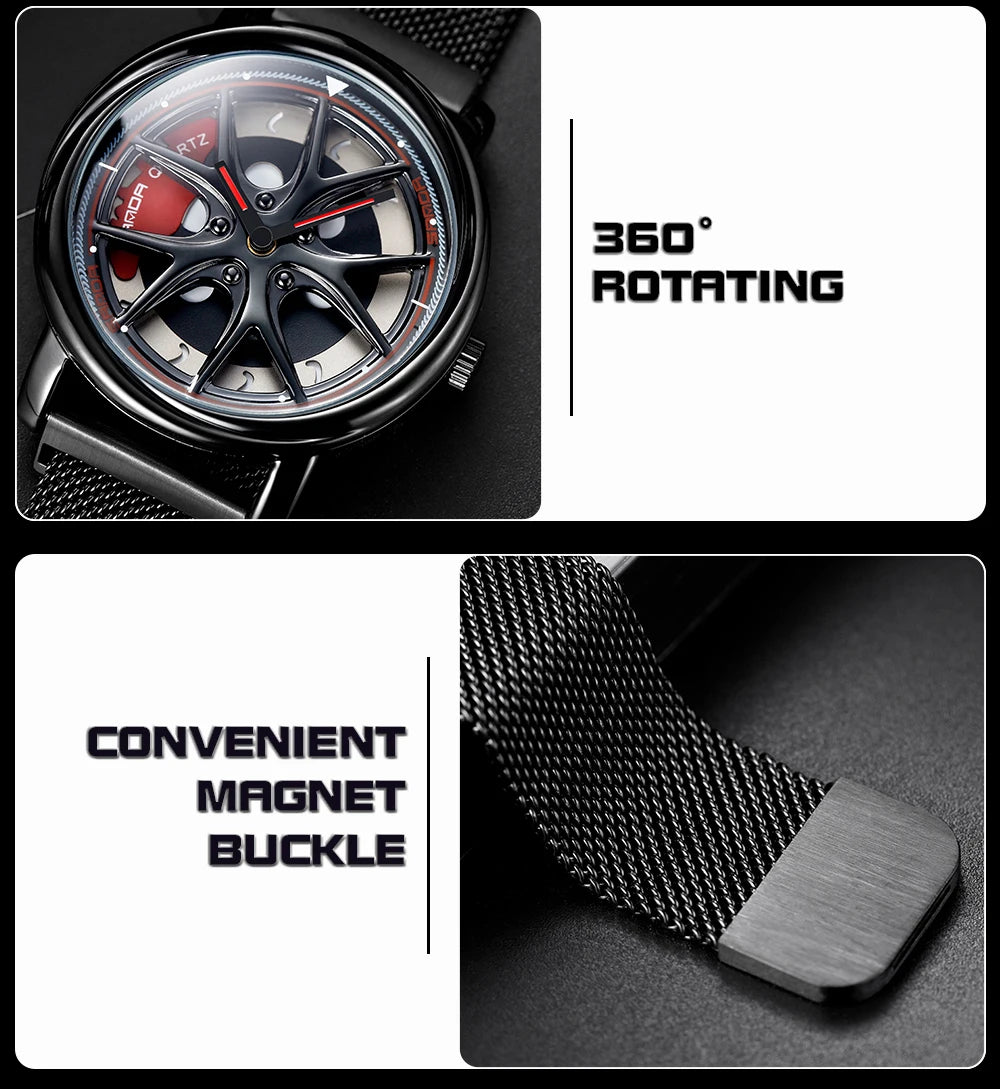 Men Watch Car Wheel Rim Hub Dial Male Wristwatch Skeleton Man Black Waterproof Watches Stainless Steel Quartz Relogio Masculino