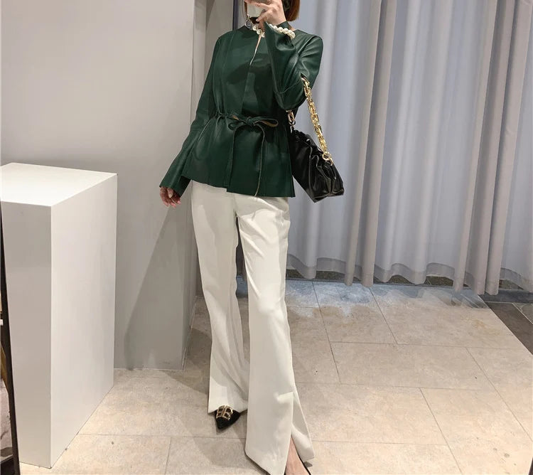 European Fashion Women Clothing Female Real Leather Jacket Mujer Draw Back Round Neck Pleated Belt Caramel Coat Veste Femme