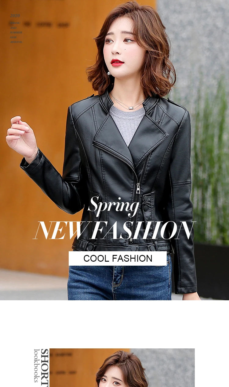 M-5XL New Women Leather Jacket Spring 2025 Fashion Solid Color Slim Short Sheepskin Coat Moto&Biker Style Tops Outerwear Female