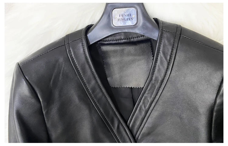 Mujer Roupas Autumn/Winter Female Genuine Leather V-Neck Big Gold Buckle Casual Pocket Short Coat Camel/Black Chic Jacket Women