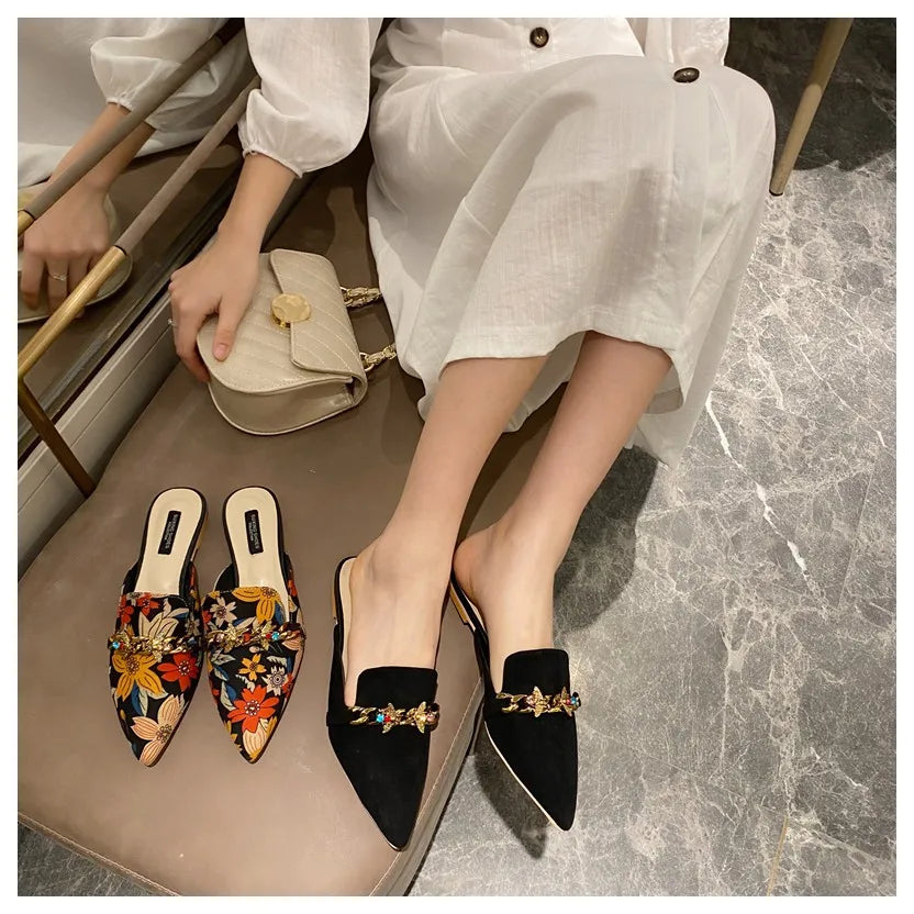 New Women Slippers Pointed Toe Rubber Metal Chains Flat Slide Footwear Fashion Casual Mule Shoes Big Size 41 42 Zapatos De Mujer