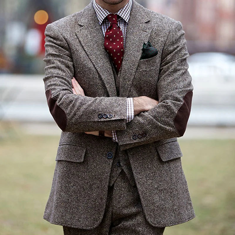 Latest 3 Piece Tweed Wool Men Suits for Winter Groom Tuxedo Male Fashion Wedding Costume Homme Jacket Vest Pants Tailor Made
