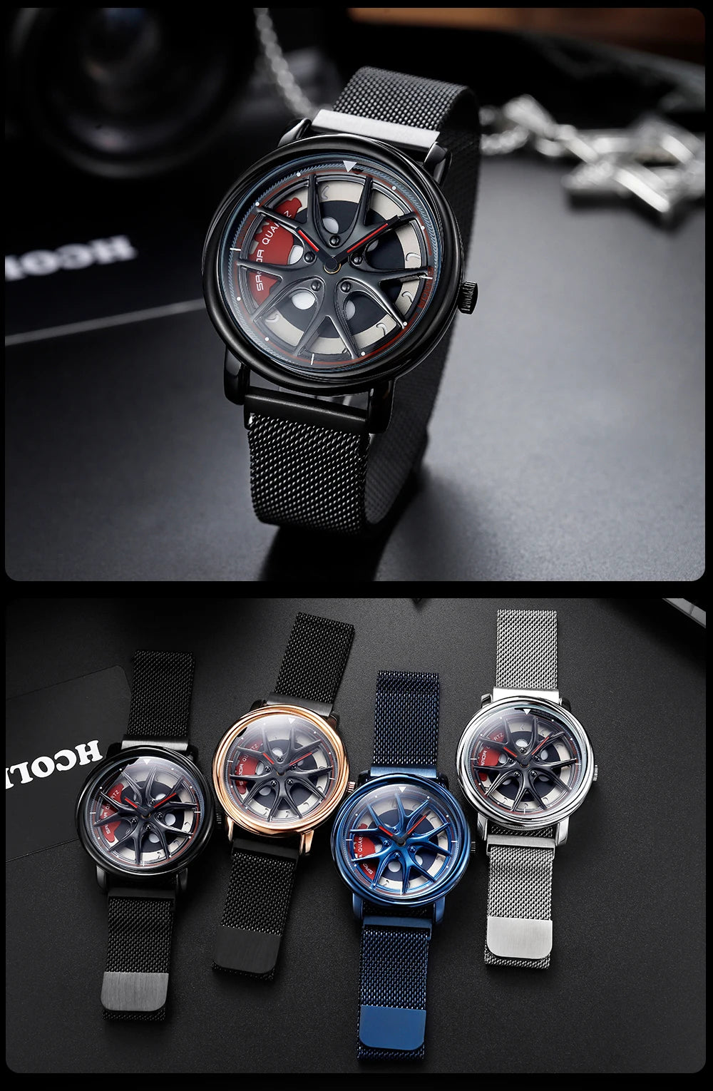 Men Watch Car Wheel Rim Hub Dial Male Wristwatch Skeleton Man Black Waterproof Watches Stainless Steel Quartz Relogio Masculino
