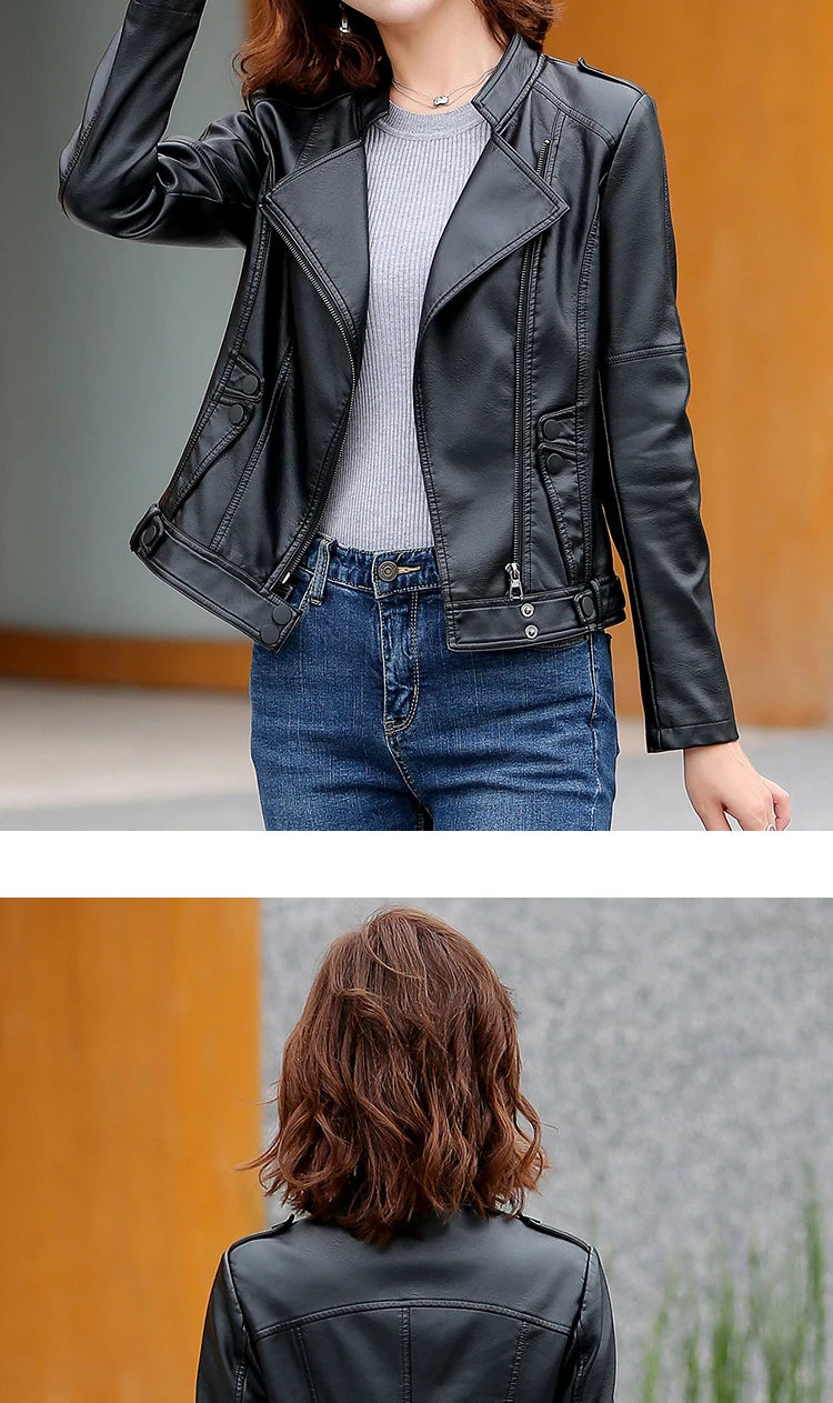 M-5XL New Women Leather Jacket Spring 2025 Fashion Solid Color Slim Short Sheepskin Coat Moto&Biker Style Tops Outerwear Female