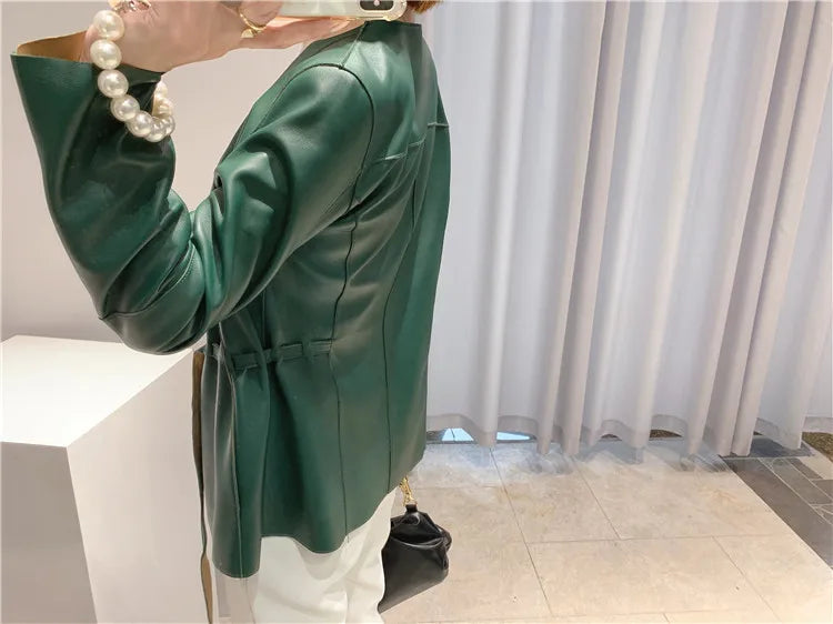 European Fashion Women Clothing Female Real Leather Jacket Mujer Draw Back Round Neck Pleated Belt Caramel Coat Veste Femme