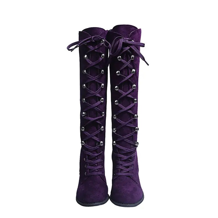 Winter Autumn Woman Knee High Boots Woman Long Boots Lace Up Fashion Woman Boots Footwear 35-43 Purple Square Heel Women Shoes