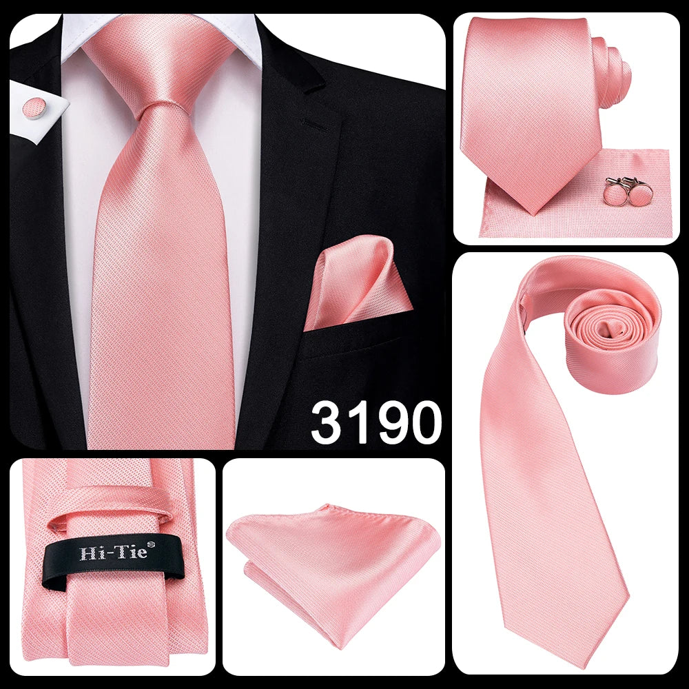 Hi-Tie Silk Men Tie Peach Pink Floral Wedding Necktie for Men Luxury Necktie Handkerchief Cufflink Fashion Design Business