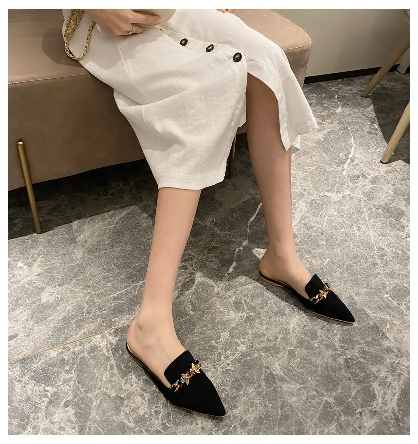 New Women Slippers Pointed Toe Rubber Metal Chains Flat Slide Footwear Fashion Casual Mule Shoes Big Size 41 42 Zapatos De Mujer