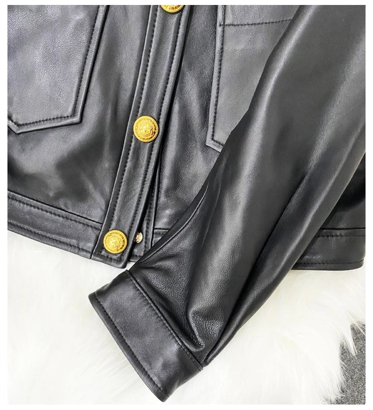 Mujer Roupas Autumn/Winter Female Genuine Leather V-Neck Big Gold Buckle Casual Pocket Short Coat Camel/Black Chic Jacket Women