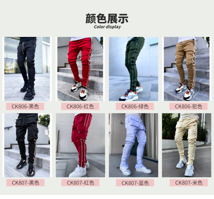 Spring and Autumn Workwear Pants Men's Fashion Brand Elastic Multi-Bag Reflective Straight Sports Fitness Casual Trousers