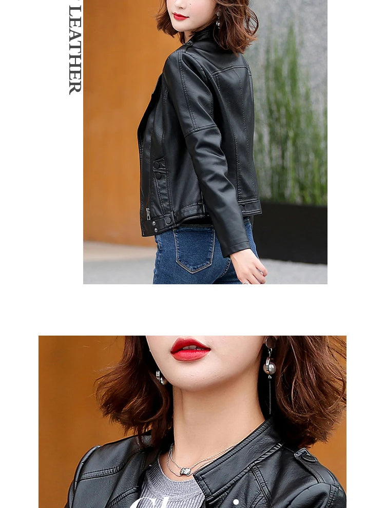 M-5XL New Women Leather Jacket Spring 2025 Fashion Solid Color Slim Short Sheepskin Coat Moto&Biker Style Tops Outerwear Female