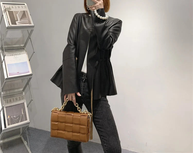 European Fashion Women Clothing Female Real Leather Jacket Mujer Draw Back Round Neck Pleated Belt Caramel Coat Veste Femme
