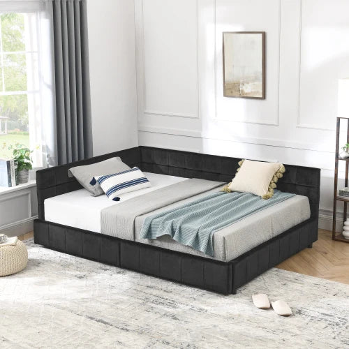 Full Size Convertible Storage Upholstered Tufted Bed Frame Sofa Set with Comfortable Backrest Armrests for Bedroom Living Room