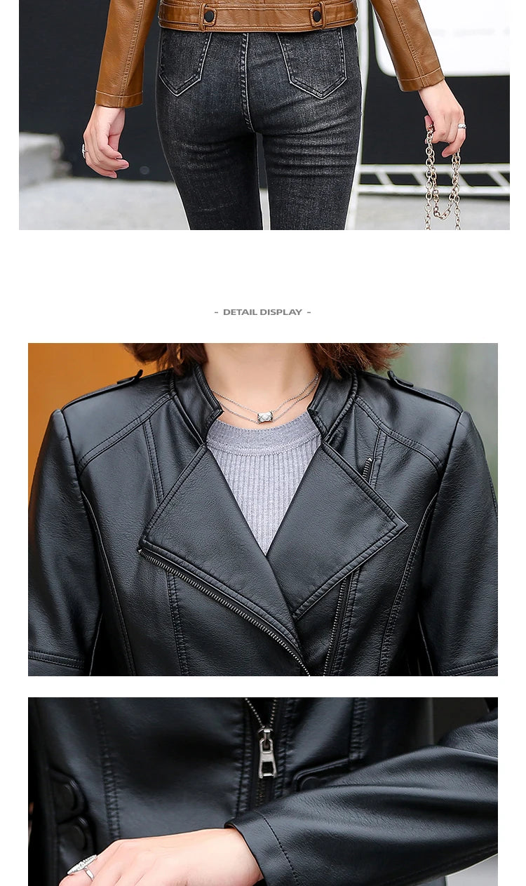 M-5XL New Women Leather Jacket Spring 2025 Fashion Solid Color Slim Short Sheepskin Coat Moto&Biker Style Tops Outerwear Female
