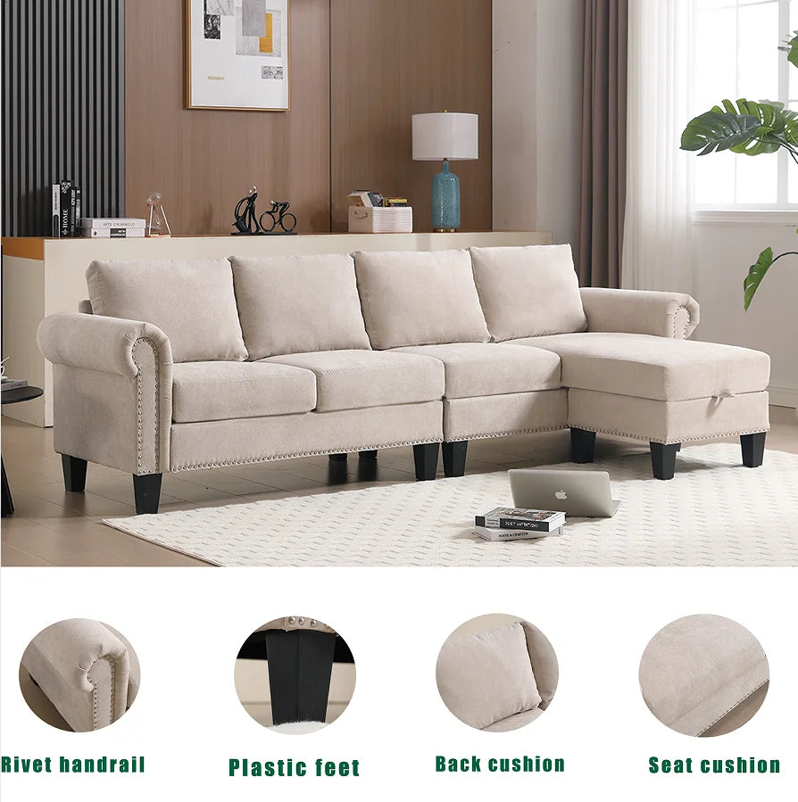 Convertible U-Shape Sectional Sofa Set with Storage Four-seater Modern Polyester Fabric for Hotel & Villa Living Rooms