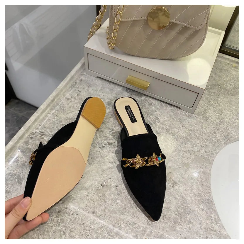 New Women Slippers Pointed Toe Rubber Metal Chains Flat Slide Footwear Fashion Casual Mule Shoes Big Size 41 42 Zapatos De Mujer