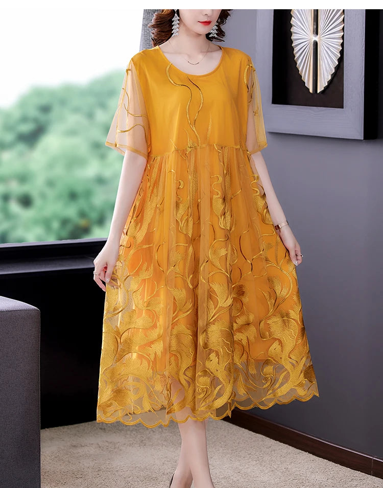 High Street Natural Silk Floral Embroidery Midi Dress Summer Casual Vintage Loose Beach Dress 2024 Women Elegant Party Vestidos