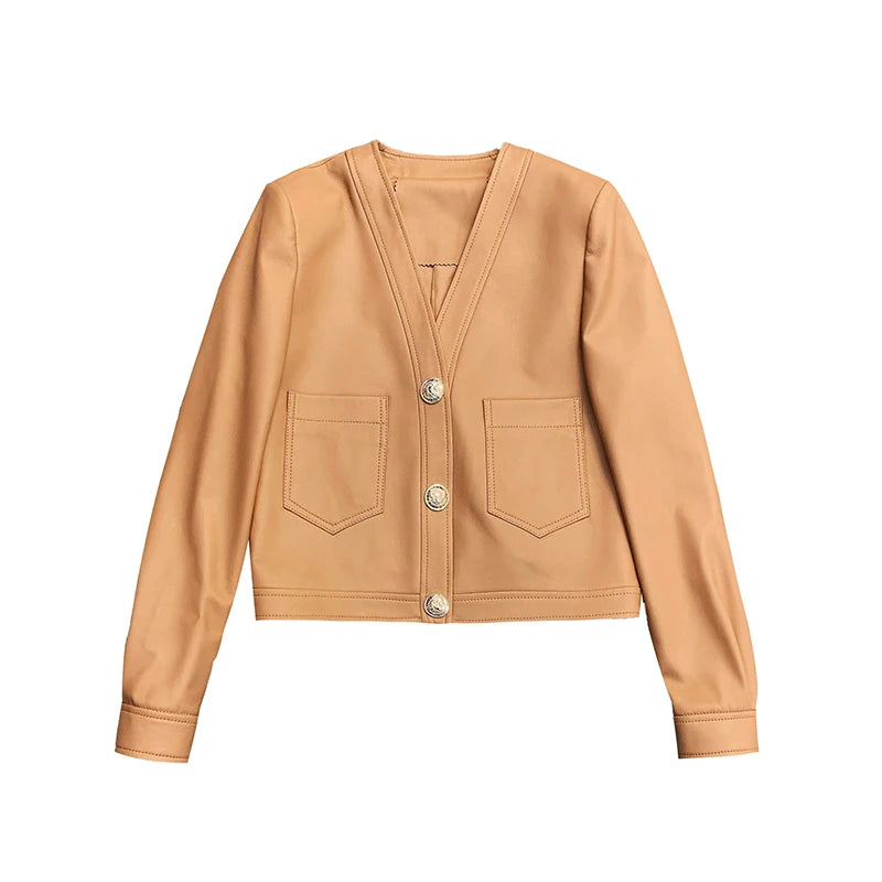 Mujer Roupas Autumn/Winter Female Genuine Leather V-Neck Big Gold Buckle Casual Pocket Short Coat Camel/Black Chic Jacket Women