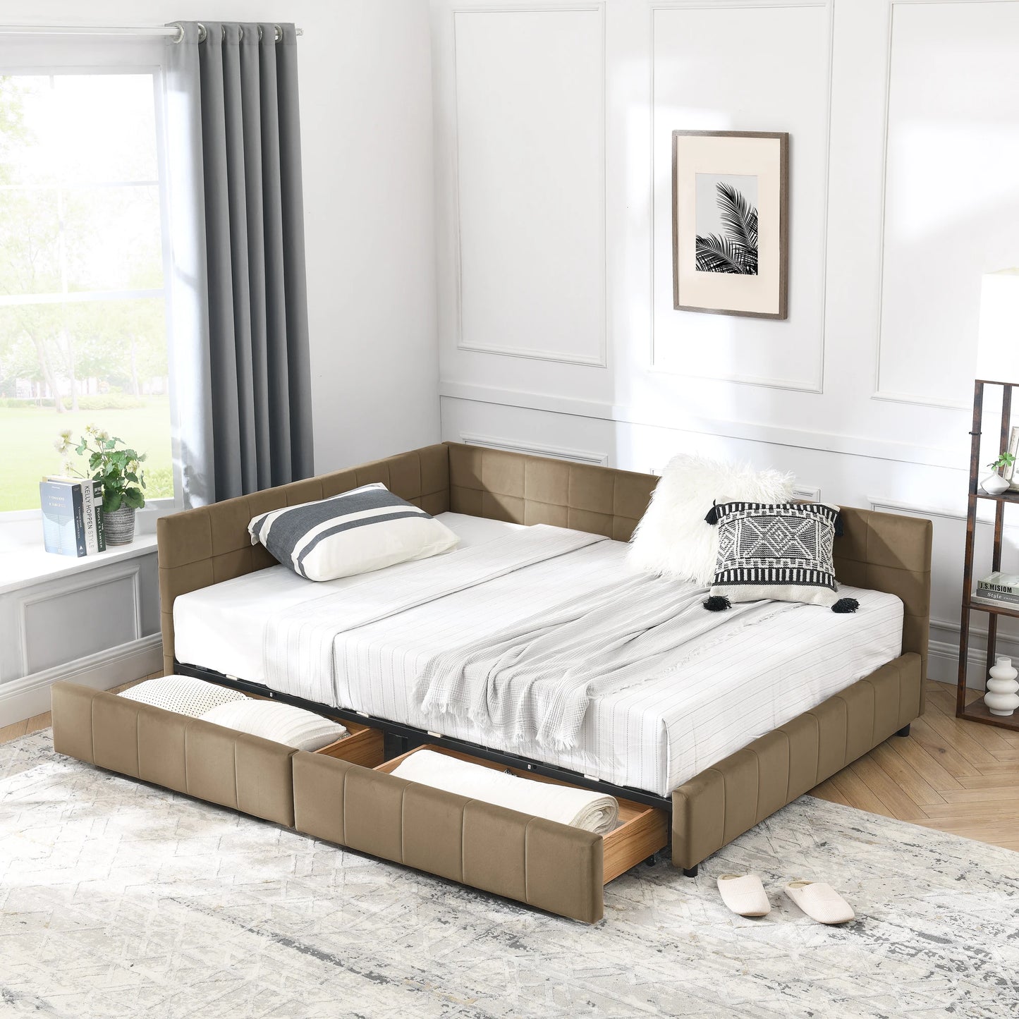Full Size Convertible Storage Upholstered Tufted Bed Frame Sofa Set with Comfortable Backrest Armrests for Bedroom Living Room