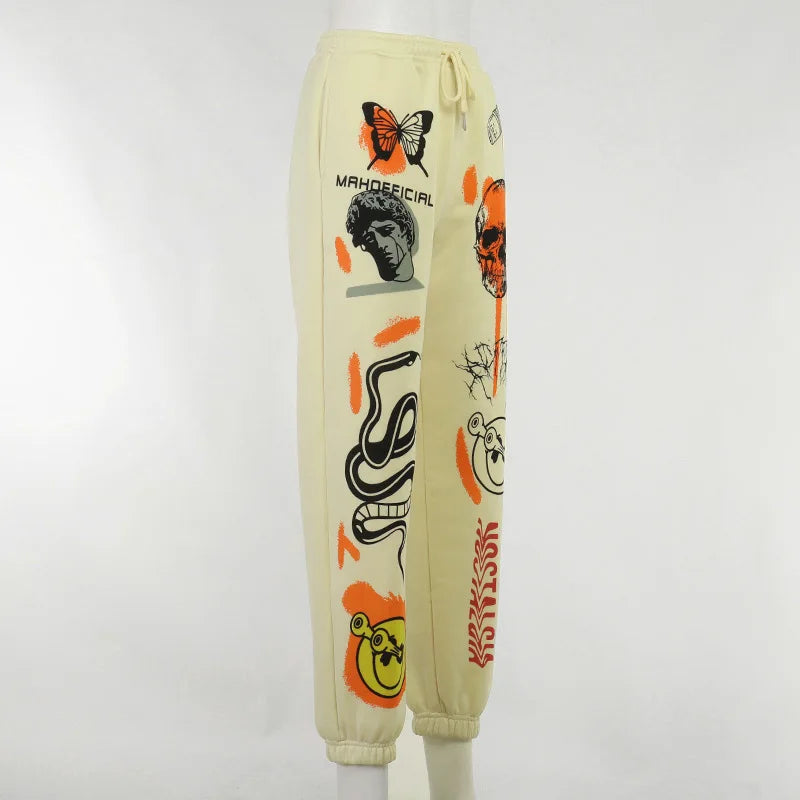 Sweatpants Women Hippie Cartoon Printed Trouser Joggers for Women Drawstring Cargo Pants Streetwear Casual Sweatpant Vamos Todos