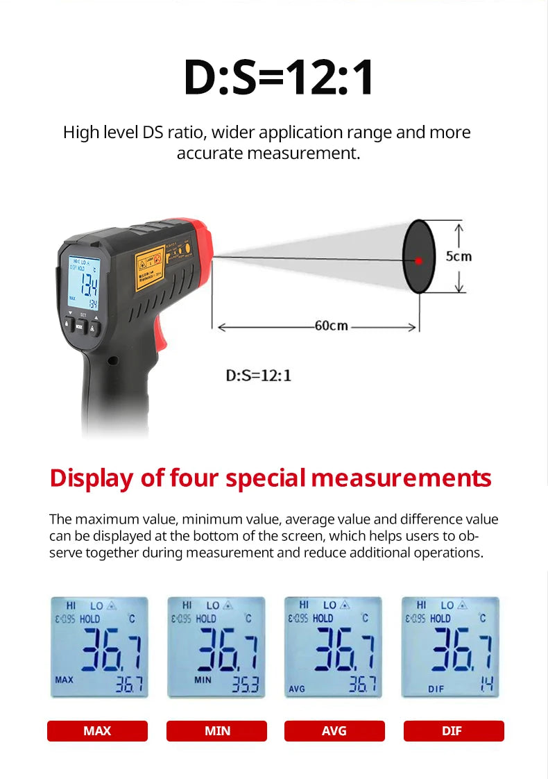 UNI-T UT306S UT306C Digital Infrared Thermometer Non-contact Laser Thermometer Gun Temperature Tester -50-500